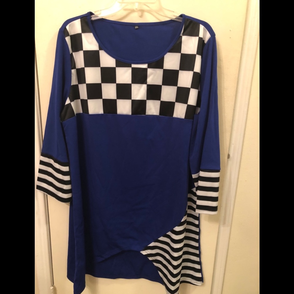 Blue pull over with black and white accents.